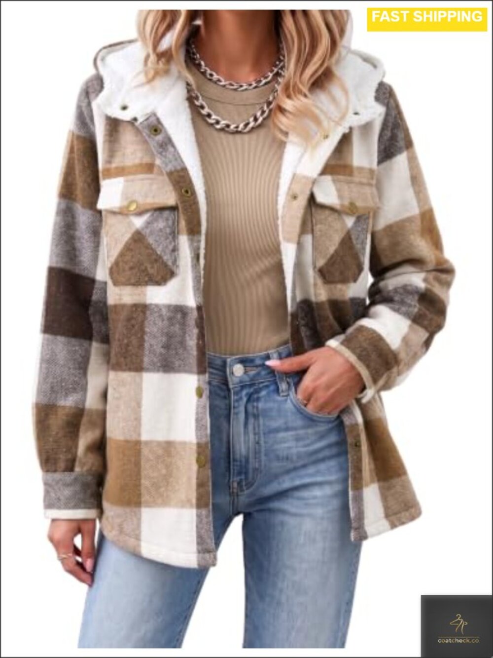 Womens Sherpa Lined Hooded Plaid Shacket Button Down Fleece Jacket